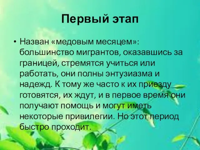 Первый этап Назван «медовым месяцем»: большинство мигрантов, оказавшись за границей, стремятся учиться