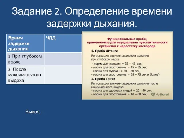 Задание 2. Определение времени задержки дыхания. Вывод -