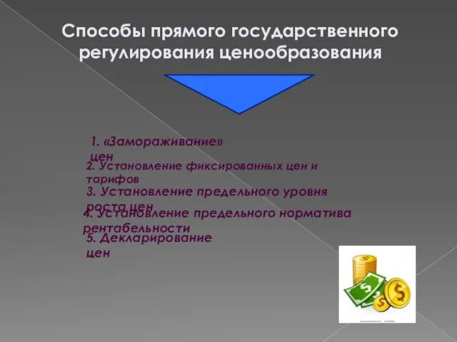 Способы прямого государственного регулирования ценообразования 1. «Замораживание» цен 2. Установление фиксированных цен