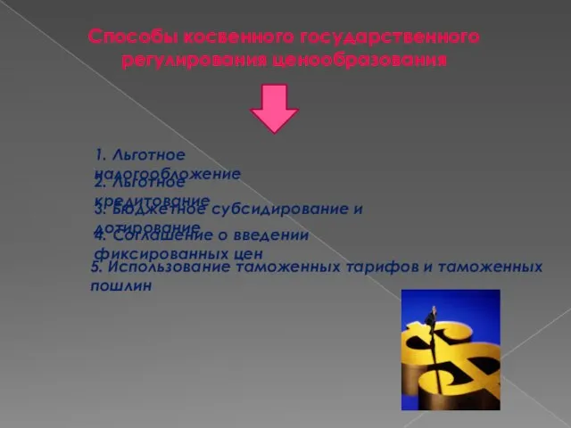 Способы косвенного государственного регулирования ценообразования 1. Льготное налогообложение 2. Льготное кредитование 3.