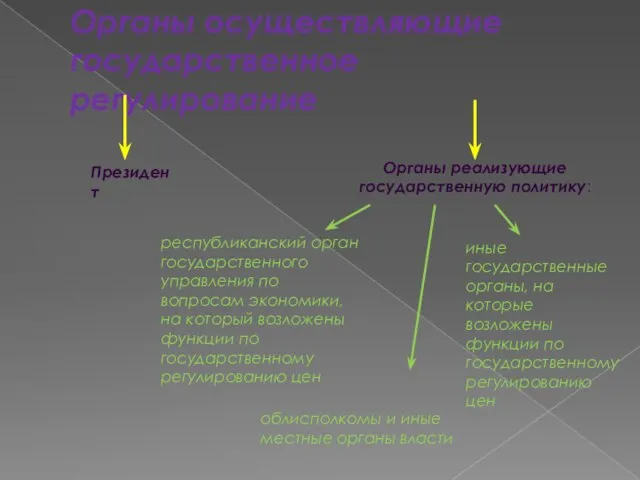 Органы осуществляющие государственное регулирование Президент Органы реализующие государственную политику: республиканский орган государственного