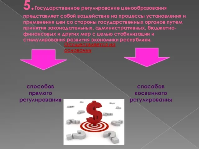 5.Государственное регулирование ценообразования представляет собой воздействие на процессы установления и применения цен