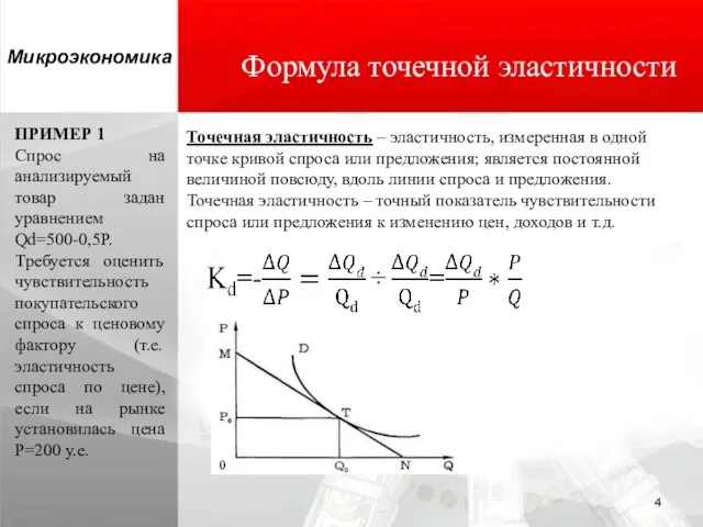 Формула точечной эластичности Точечная эластичность – эластичность, измеренная в одной точке кривой