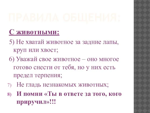 ПРАВИЛА ОБЩЕНИЯ: С животными: 5) Не хватай животное за задние лапы, круп