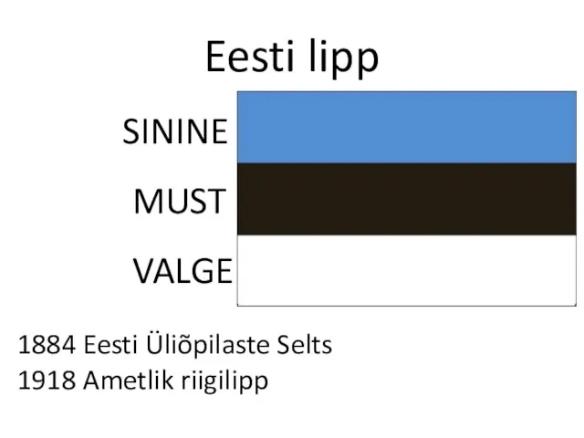 Eesti lipp SININE MUST VALGE 1884 Eesti Üliõpilaste Selts 1918 Ametlik riigilipp