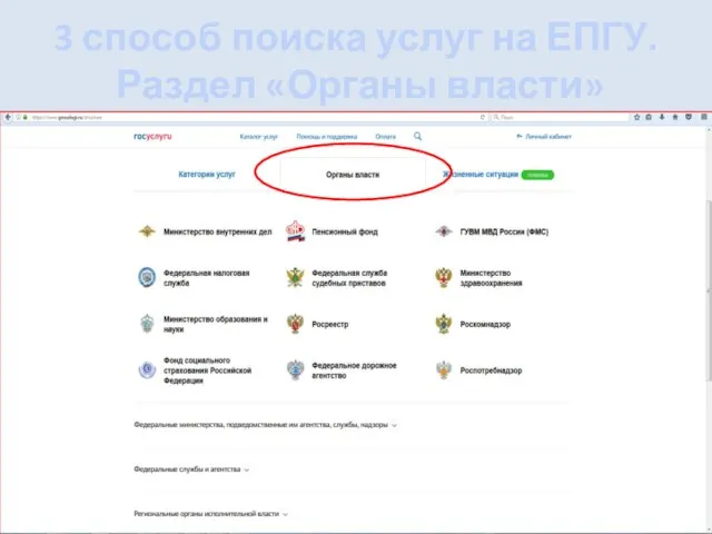 3 способ поиска услуг на ЕПГУ. Раздел «Органы власти»