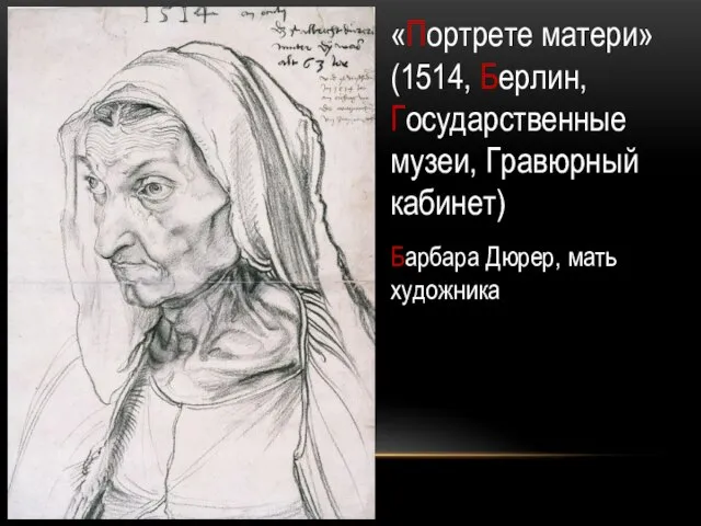 «Портрете матери» (1514, Берлин, Государственные музеи, Гравюрный кабинет) Барбара Дюрер, мать художника