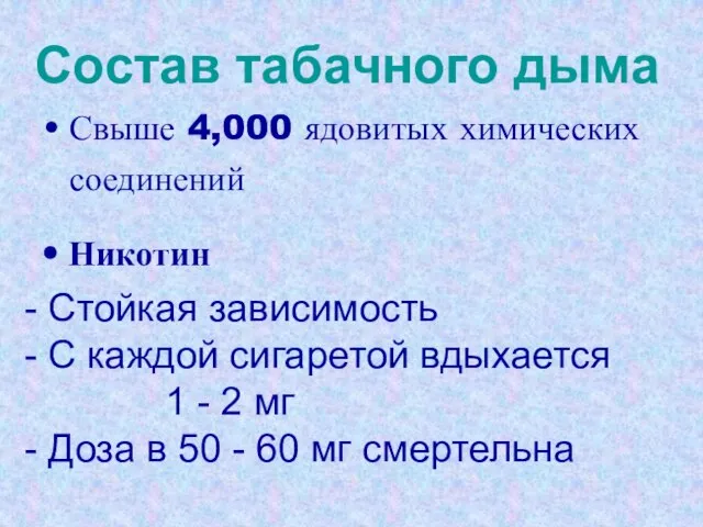 Состав табачного дыма Свыше 4,000 ядовитых химических соединений Никотин - Стойкая зависимость