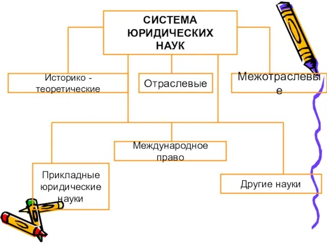 СИСТЕМА ЮРИДИЧЕСКИХ НАУК Историко - теоретические Межотраслевые Прикладные юридические науки Отраслевые Международное право Другие науки