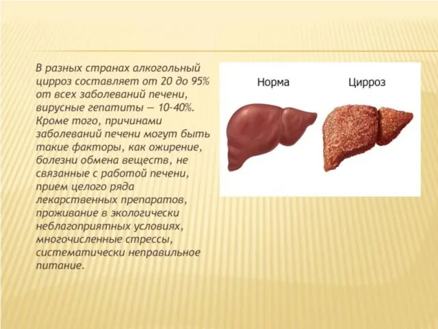 В разных странах алкогольный цирроз составляет от 20 до 95% от всех