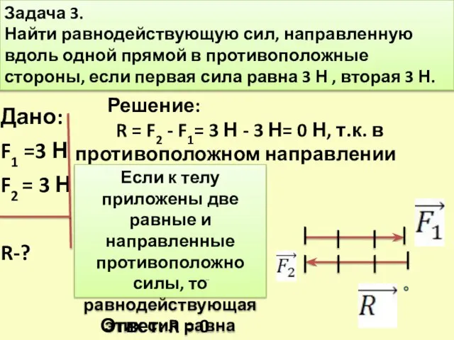 Задача 3. Найти равнодействующую сил, направленную вдоль одной прямой в противоположные стороны,