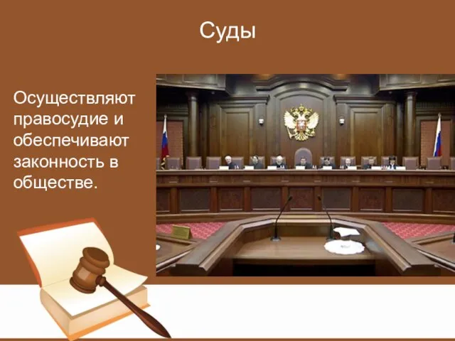 Суды Осуществляют правосудие и обеспечивают законность в обществе.