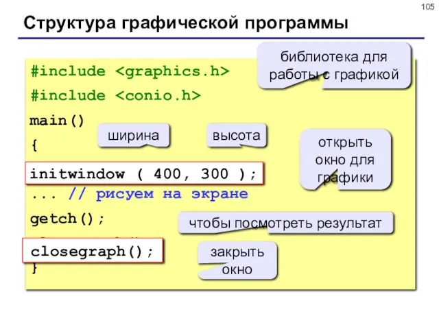 #include #include main() { initwindow ( 400, 300 ); ... // рисуем