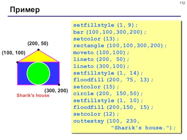 Пример (200, 50) (100, 100) (300, 200) setfillstyle (1, 9); bar (100,100,300,200);