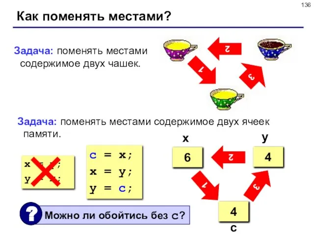 Как поменять местами? 2 3 1 Задача: поменять местами содержимое двух чашек.