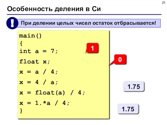 Особенность деления в Си main() { int a = 7; float x;