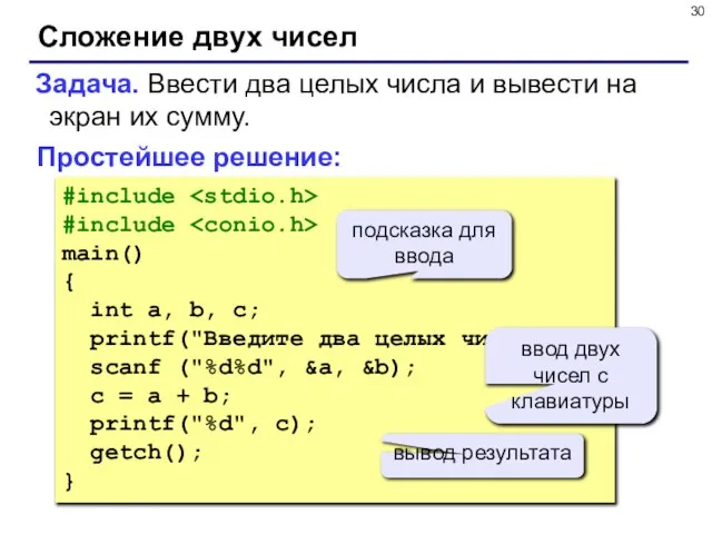 Сложение двух чисел Задача. Ввести два целых числа и вывести на экран