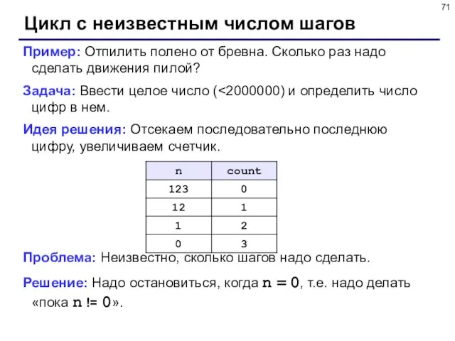 Цикл с неизвестным числом шагов Пример: Отпилить полено от бревна. Сколько раз