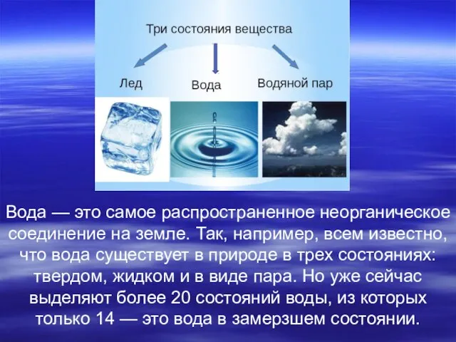 Вода — это самое распространенное неорганическое соединение на земле. Так, например, всем