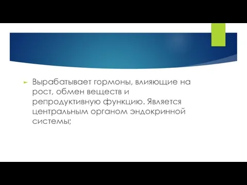 Вырабатывает гормоны, влияющие на рост, обмен веществ и репродуктивную функцию. Является центральным органом эндокринной системы;