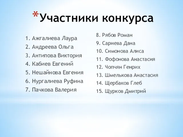 Участники конкурса 1. Ажгалиева Лаура 2. Андреева Ольга 3. Антипова Виктория 4.