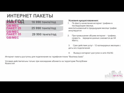 Интернет пакеты доступны для подключения на тарифном плане “Business basic” Условия действительны