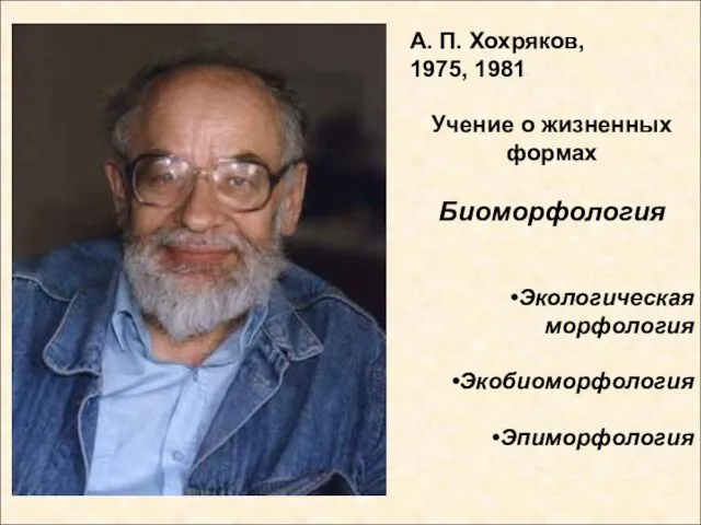 А. П. Хохряков, 1975, 1981 Учение о жизненных формах Биоморфология Экологическая морфология Экобиоморфология Эпиморфология