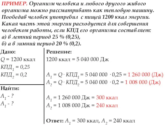 ПРИМЕР. Организм человека и любого другого живого организма можно рассматривать как тепловую