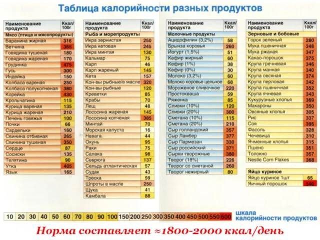 Норма составляет ≈1800-2000 ккал/день