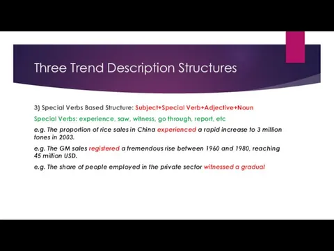 Three Trend Description Structures 3) Special Verbs Based Structure: Subject+Special Verb+Adjective+Noun Special