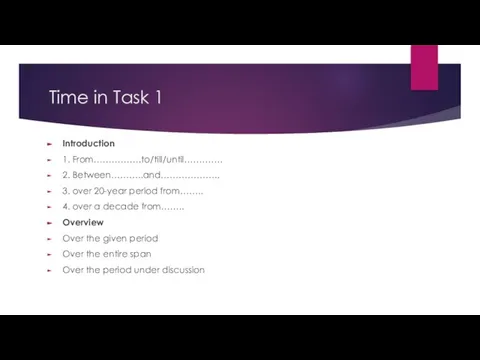 Time in Task 1 Introduction 1. From…………….to/till/until…………. 2. Between………..and……………….. 3. over 20-year