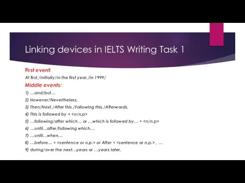 Linking devices in IELTS Writing Task 1 First event: At first,/Initially/In the