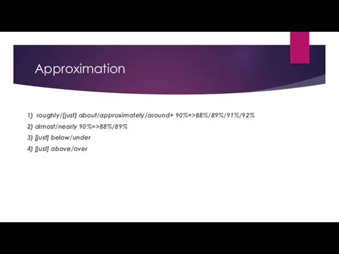 Approximation 1) roughly/[just] about/approximately/around+ 90%=>88%/89%/91%/92% 2) almost/nearly 90%=>88%/89% 3) [just] below/under 4) [just] above/over