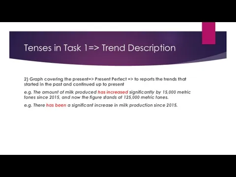 Tenses in Task 1=> Trend Description 2) Graph covering the present=> Present