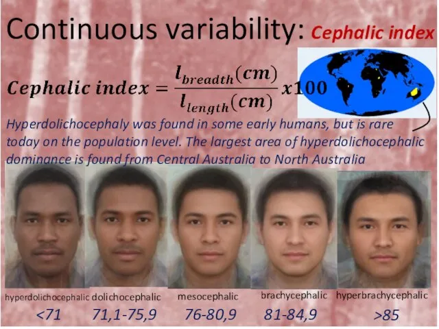 Continuous variability: Cephalic index 71,1-75,9 81-84,9 76-80,9 Hyperdolichocephaly was found in some