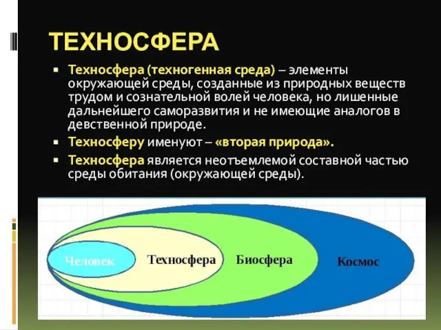 ТЕХНОСФЕРА Техносфера (техногенная среда) – элементы окружающей среды, созданные из природных веществ