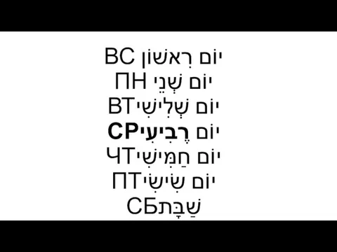 יוֹם רִאשׁוֹן ВС יוֹם שְׁנֵי ПН יוֹם שְׁלִישִׁיВТ יוֹם רֶבִיעִיСР יוֹם חַמִּישִׁיЧТ יוֹם שִׂישִׂיПТ שַׁבָּתСБ