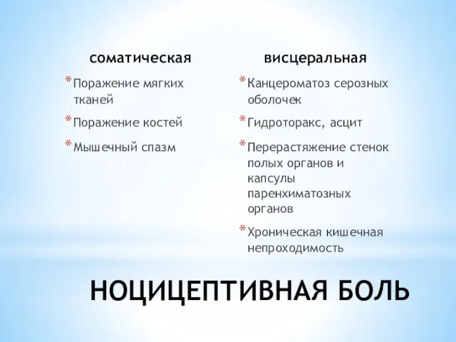 соматическая Поражение мягких тканей Поражение костей Мышечный спазм висцеральная Канцероматоз серозных оболочек