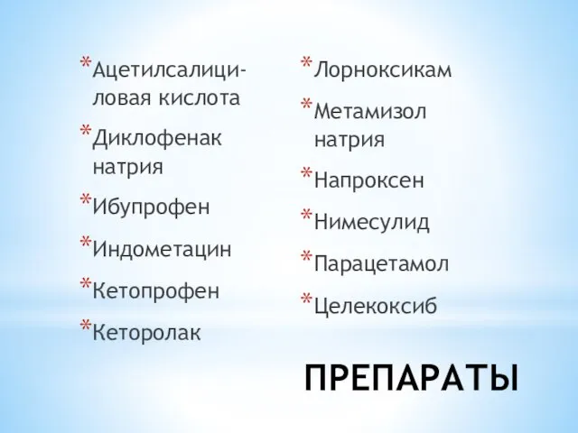 ПРЕПАРАТЫ Ацетилсалици-ловая кислота Диклофенак натрия Ибупрофен Индометацин Кетопрофен Кеторолак Лорноксикам Метамизол натрия Напроксен Нимесулид Парацетамол Целекоксиб