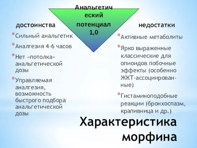 достоинства Сильный анальгетик Аналгезия 4-6 часов Нет «потолка» анальгетической дозы Управляемая аналгезия,