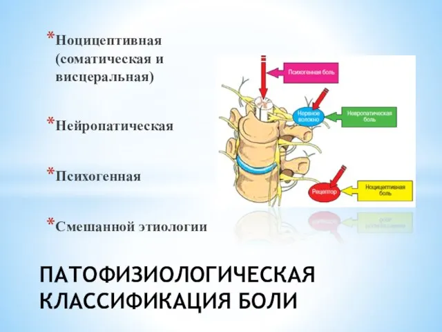 Ноцицептивная (соматическая и висцеральная) Нейропатическая Психогенная Смешанной этиологии ПАТОФИЗИОЛОГИЧЕСКАЯ КЛАССИФИКАЦИЯ БОЛИ