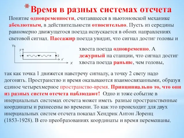 Время в разных системах отсчета Понятие одновременности, считавшееся в ньютоновской механике абсолютным,