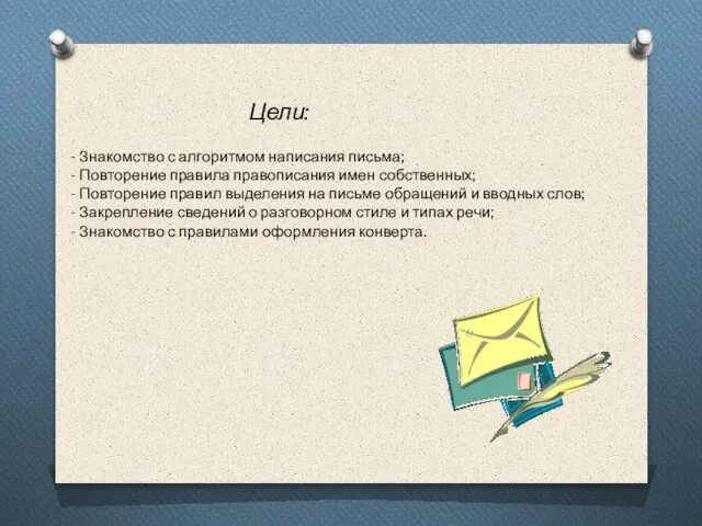Цели: - Знакомство с алгоритмом написания письма; - Повторение правила правописания имен