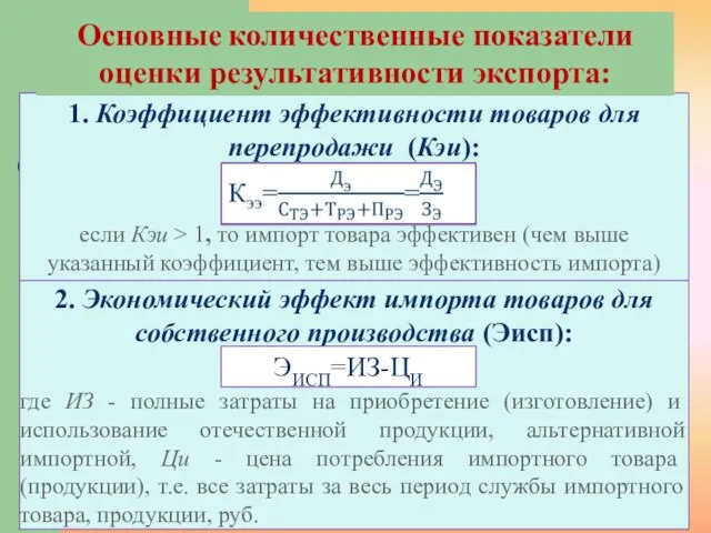 1. Коэффициент эффективности товаров для перепродажи (Кэи): если Кэи > 1, то