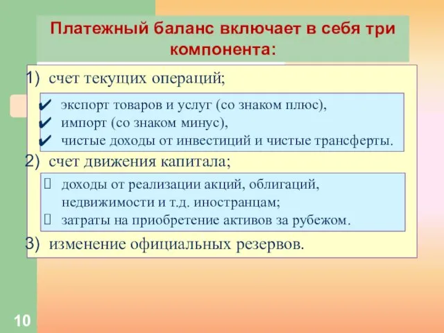 Платежный баланс включает в себя три компонента: счет текущих операций; счет движения