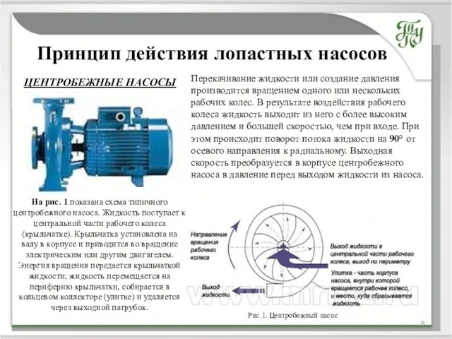 Принцип действия лопастных насосов Перекачивание жидкости или создание давления производится вращением одного