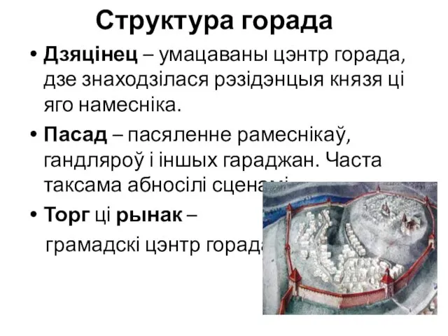 Структура горада Дзяцінец – умацаваны цэнтр горада, дзе знаходзілася рэзідэнцыя князя ці