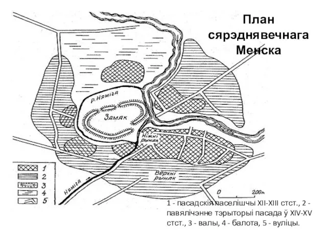 1 - пасадскія паселішчы XII-XIII стст., 2 - павялічэнне тэрыторыі пасада ў