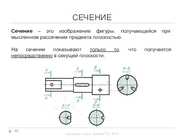 Сечение – это изображение фигуры, получающейся при мысленном рассечении предмета плоскостью. На