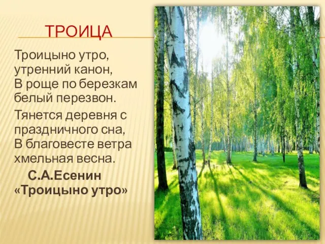 ТРОИЦА Троицыно утро, утренний канон, В роще по березкам белый перезвон. Тянется